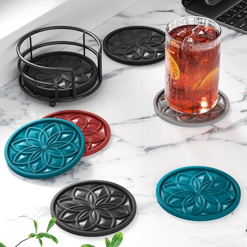 Drink Coasters Set of 6 Packs with Holder, HFHOME Round Black BPA Free Silicone with Non-Slip Bottom Fits Any Size Cup Mug or Glasses (Black) - color: Black