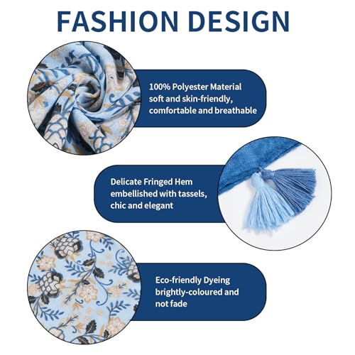 QIUTIMIY Scarf for Women Lightweight Soft Floral Leopard Printed Scarves Fall Winter Fashion Shawl Wrap with Fringe - color: Flower-lake Blue