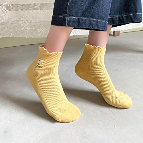 zrylibya Women Ruffle Frilly Floral Embroidery Scallop Ankle Socks 5 Pairs - color: Multicolor B