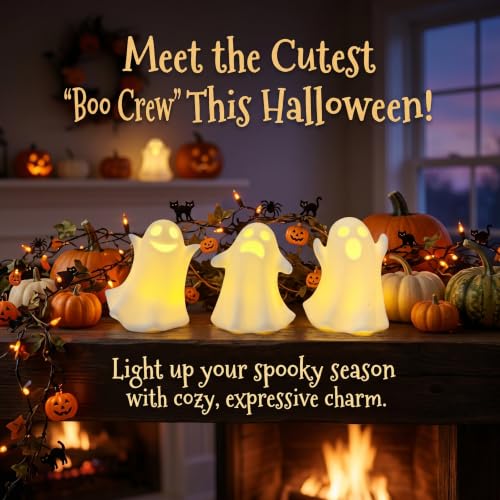 Ceramic Ghost Decor, Light Up Ghost Figurines for Halloween with Timer - color: Matte White