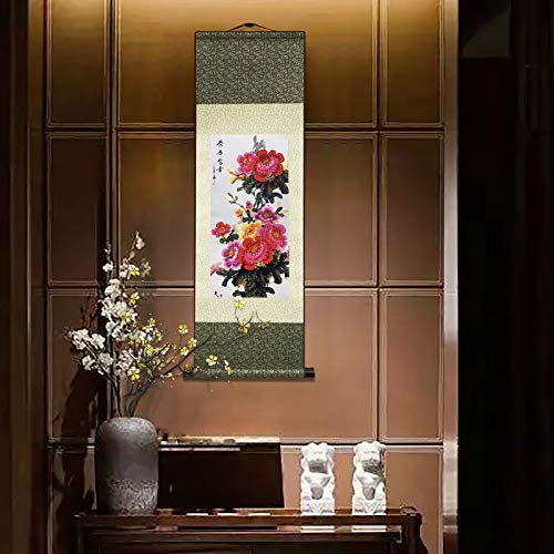 AtfArt Silk Scroll Painting, Asian Wall Art, Flower, 36.2x12in - color: C4