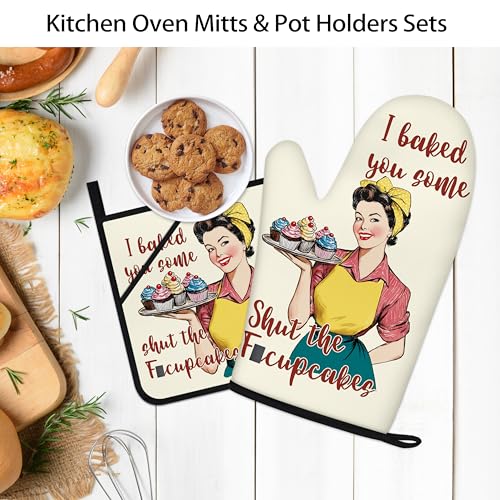 Funny Oven Mitts for Women Yellow Kitchen Accessories and Decor Oven Mitt Sets Retro Humor House Warming Cooking Baking Gifts for Mom Wife Sister (Beige, Oven Mitts & Pot Holders)