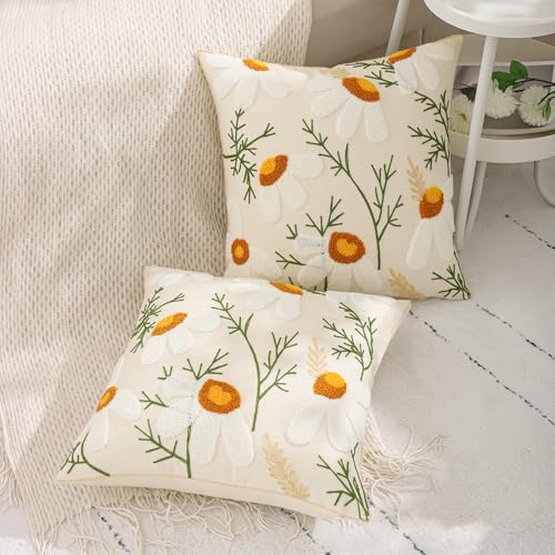 LUOYEHK White Daisy Pillow Covers 18x18 Inch Pack of 2 Embroidered Throw Pillow Covers Decorative Pillow Cases Spring Farmhouse Floral Tufted Cushion Covers for Couch Sofa Bed Living Room - color: White Daisy