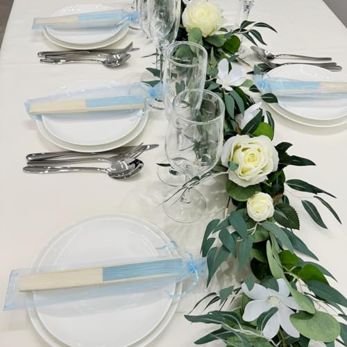 50pcs Paper Hand Fan with Organza Bags Bamboo Handheld Folding Fan DIY Decorative Wedding Party Favors (Light Blue) - color: Light Blue