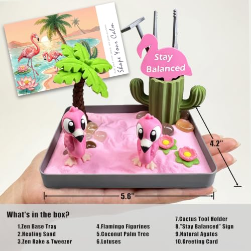 Mini Zen Garden for Desk - Cute Pink Flamingo Decor & Sand Tray Therapy Kit with Cactus Pen Holder. Funny Positive Flamingo Gifts for Women, Relaxing Office Desk Accessories (5.7"x4.1")
