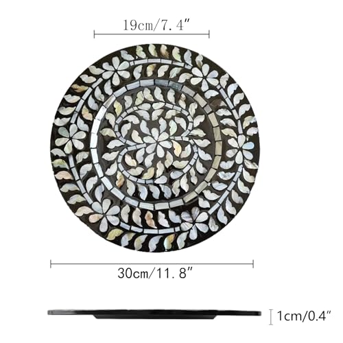 i-lan 2Pack 13" Mother of Pearl Decorative Display Plates,Sea Shell Inlay Wood Charger Dining Charger Plates for Party,Diner Table Modern Style Decoration Placemats,Silver Gray Flower - style: Style 1