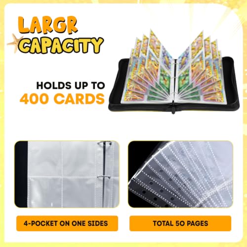400 Cards Capacity Trading Card Binder, Card Holder with 50 Removable Sleeves, Double Sided 8-Pocket Pages Zipper Album with Wrist Strap for TCG, Sports & Game Cards, Gift for Boys and Girls - color: Light Yellow