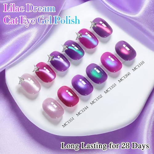 Double Rhythm Cat Eye Gel Nail Polish Set of 6 Same Color Same Bottle 0.5 Oz Shimmer Glitter with Magnet Holographic Magnetic UV Nail Polish Kit (Blush Fuchsia Magenta Purple Violet Lavender -T6-107) - color: Lilac Dream