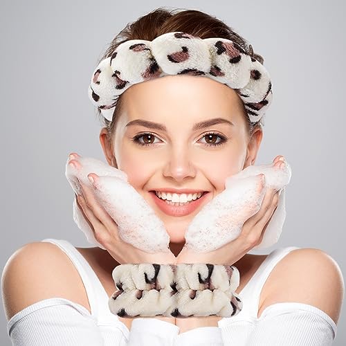 Zkptops Spa Headband for Washing Face Wristband Set Sponge Makeup Skincare Headband Wrist Plush Bubble Get Ready Hairbands for Women Puffy Headwear Non Slip Thick Thin Hair Accessory(Beige Leopard) - color: Y Beige Leopard