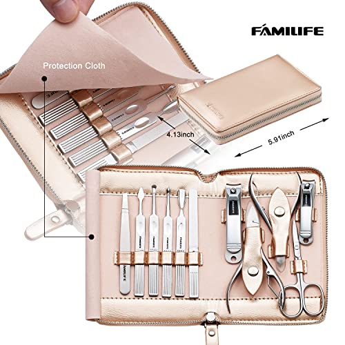 FAMILIFE Stainless Steel Manicure Set 11-in-1 Professional Nail Clipper Kit - color: Gold