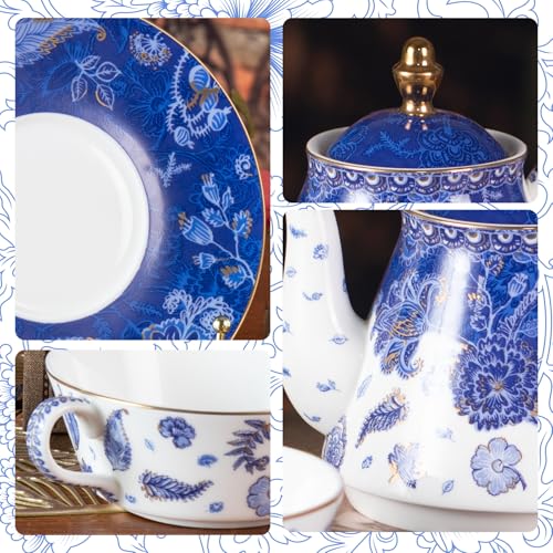 KAMMAK Tea for One Set, Ceramic Teapot, Bone China Tea Set, Cup and Saucer - color: Navy Blue-XY5