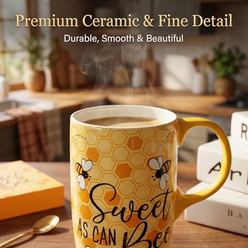 Topadorn 17oz Ceramic Travel Mug with Lid & Gift Box, Honey Bee Coffee Mug - color: Bee & Text