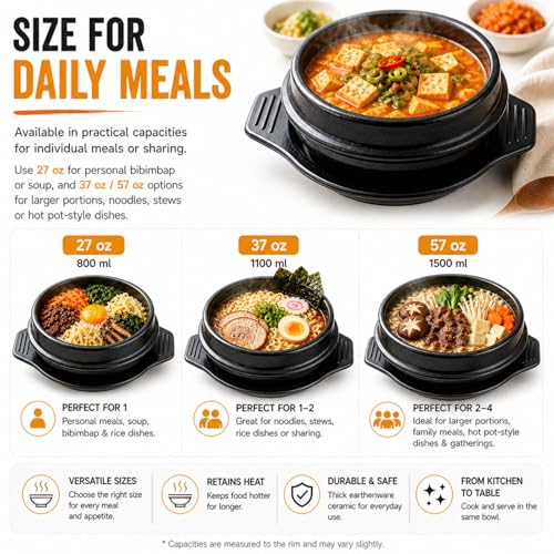 XICHENGSHIDAI Korean Stone Bowl, Dolsot with Tray, 51 Oz, Black - size: 1500ml
