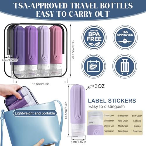 Travel Bottles for Toiletries, 3oz TSA Approved Travel Size Toiletries, Silicone Leak-Proof Refillable Containers, Squeezable Liquid Essentials Bottles W/Clear Bag (PURPLE) - color: PURPLE