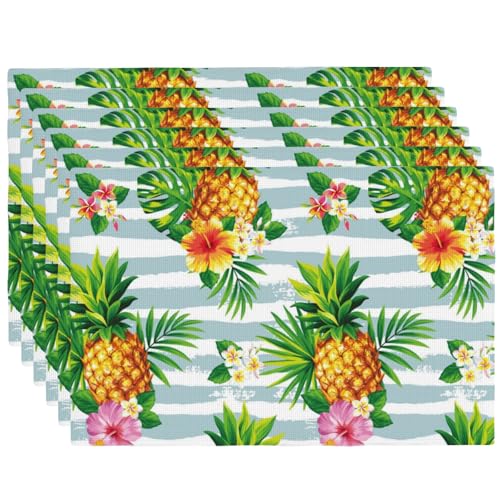 Summer Pineapple Palm Leaves Placemats Set of 6 12x18 Inch - color: Blue White Yellow, size: Set of 6