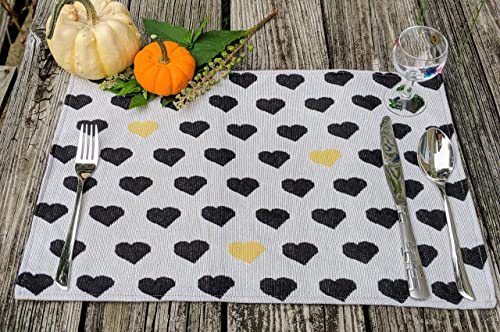 DaDa Bedding Woven Tapestry Heart Placemats – Set of 4 – Black & Gold Heart Pattern Table Mats for Dining Room – Rustic Farmhouse Valentine’s Day Decor & Everyday Kitchen Table Setting – 13" x 19" - color: Black, Yellow, White