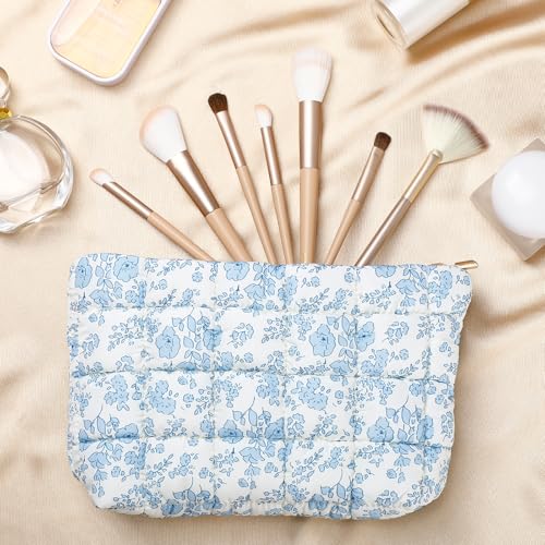 Hillban Blue Floral Puffy Quilted Makeup Bag for Women Gift, Classic - color: Blue Floral, size: Classic