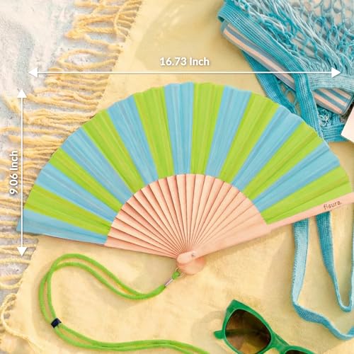 Fisura – Original Folding Fan with Stripe Print. Colorful Wooden Folding Fan in Green and Blue with Strap Included. Fun Gift idea for Travel Beach Days or Summer Events. 16.7 x 9 in. - color: Stripes, Blue and Green