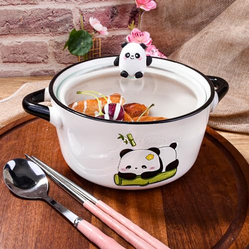 Porcelain Soup Bowl with Lid, Handles, Spoon and Chopsticks, 6'' Ramen Bowl - color: White