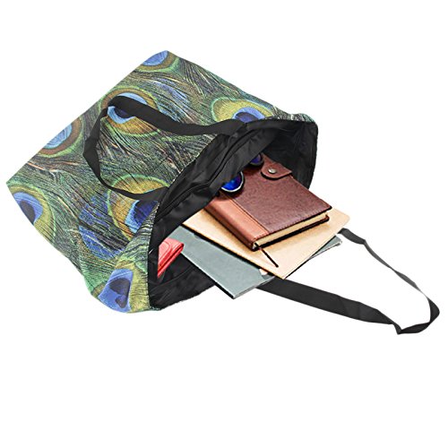 Beach Tote Bags Travel Shopping Bag With Zippered for Women - color: Peacock Feathers