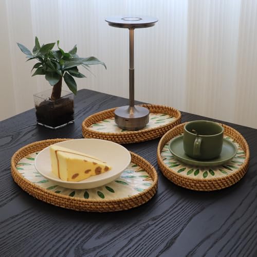 3 Pcs Oval Handwoven Rattan Mother of Pearl Inlay Serving Tray Home Decor