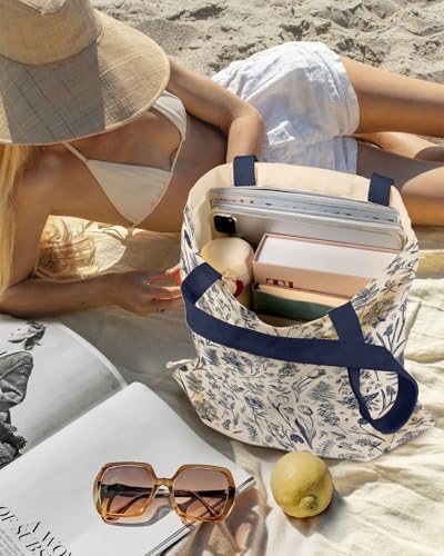 Miss Adola Canvas Tote Bag for Women with Inner Pocket - color: Blue Line Flower