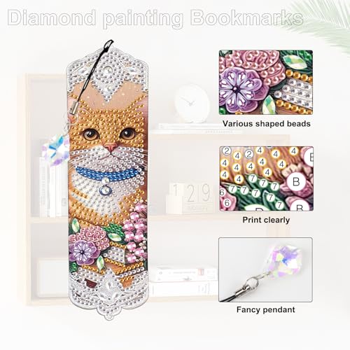Tontut 3pcs Diamond Art Painting Kit Bookmarks, Cat on Books Fine General Purpose DIY Bookmarks, Lightweight and Durable, Suitable for Reading Lovers - color: Cat
