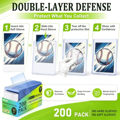 200 Card Sleeves Hard Plastic, RCPLAGA 3"X 4" Trading Card Holder, 35PT - size: 100 Hard Sleeves + 100 Soft Sleeves