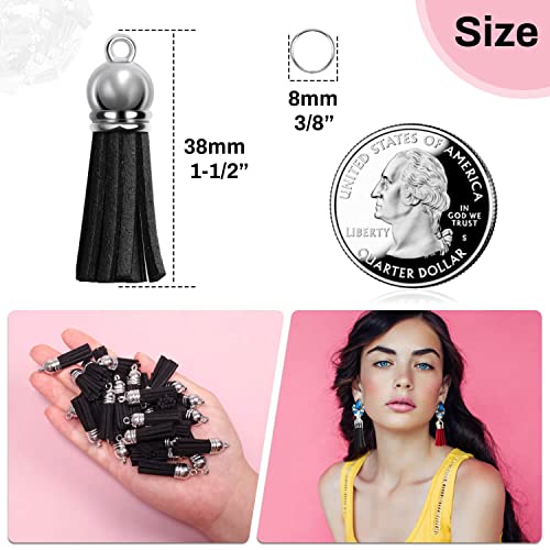 Keychain Tassels Bulk, Paxcoo Small Tassels for Jewelry Making, 50pcs Leather Tassel Keychain Charms with 50pcs Jump Rings for DIY Key Chain Craft, Black - color: Black