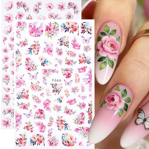 Rose Flower Nail Stickers Decals 12 PCS Romantic Red Pink Rose Nail Art Stickers 3D Self-Adhesive Floral Blossom DIY Designs for Valentine's Day Manicure Decoration Nails Supplies Accessories - style: Rose Flower Style