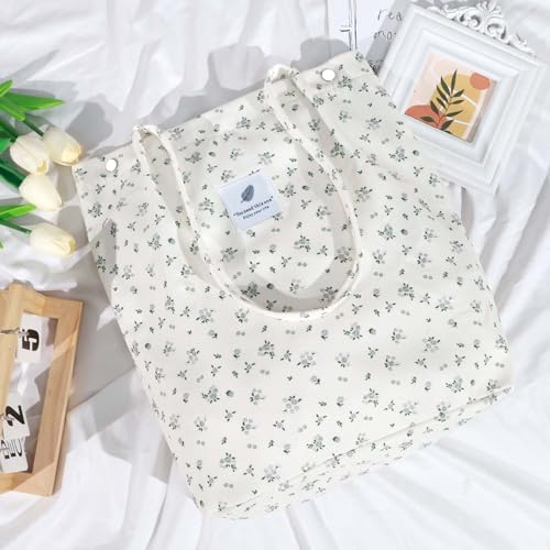 Ayieyill Corduroy Tote Bag for Women Canvas Shoulder Cord Purse with Inner Pocket - color: Beige/Gy Floral