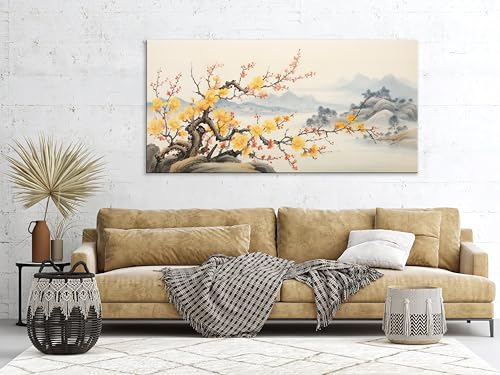 NAN Wind Asian Wall Art Traditional Chinese Painting Oriental Yellow Plum Blossom Canvas Pictures for Wall Decor Home decor for Living Room Cherry Blossom Decor Landscape Artwork Framed Ready to Hang - color: Yellow-One Piece, size: 32"L x 16"W