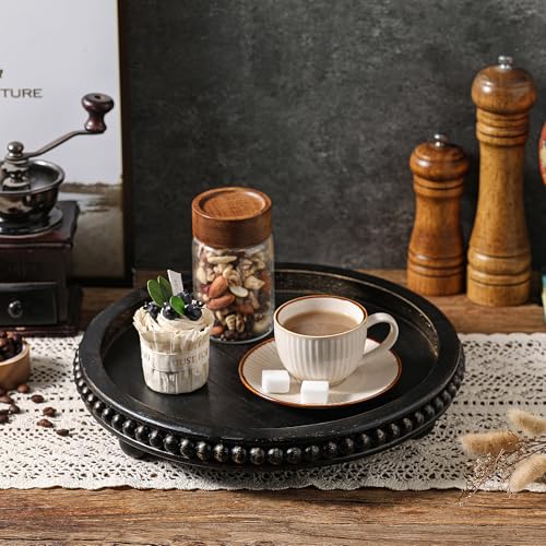 Black Round Wooden Tray for Decor, Rustic Farmhouse Centerpiece - color: Black
