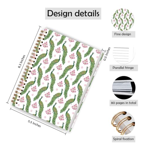 Indian Block Print Inspired Peacock Floral Spiral Notebook 5.5x8.3, Peacock Lovers Gifts Journal for Women, Spring Green and Pink Floral Aesthetic Hardcover Notebook Journal - color: Color_9
