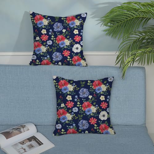 4th of July Floral Pillow Covers 18x18 Pack of 2,Boho Blue Red Flower Throw Pillow Covers Independence Day Floral Decorative Pillowcase Farmhouse Square Cushion Cover for Couch Sofa Outdoor - color: Blue Red Floral-1, size: 18" x 18" (Pack of 2)