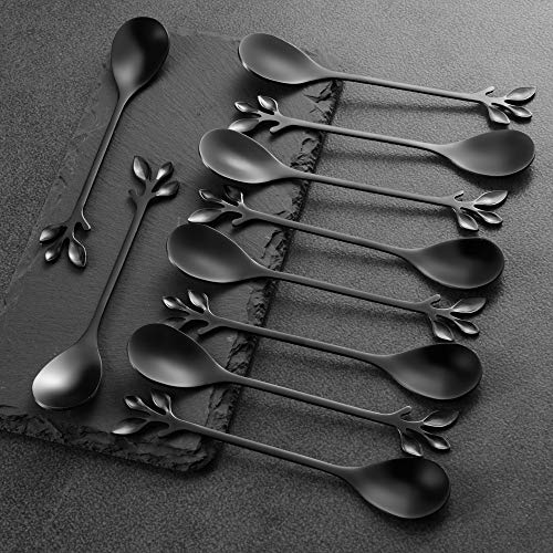 AnSaw Elegant Black Leaf Coffee Spoons - 10-Piece, 4.7" Mini Spoon - color: Black