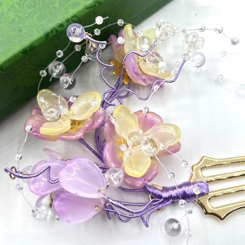 Purple Jasmine Hairpin Chinese Hanfu and Han Style Hair Retro Flower with Metal Handmade Hair Clip Hair Accessories for Women Girls Long Hair (Purple Jasmine Flower) - color: Purple Jasmine Flower