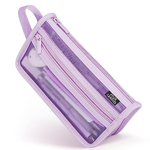 Four Candies Grid Mesh Pencil Case, Clear Double-layer with Handle (Purple) - color: Purple