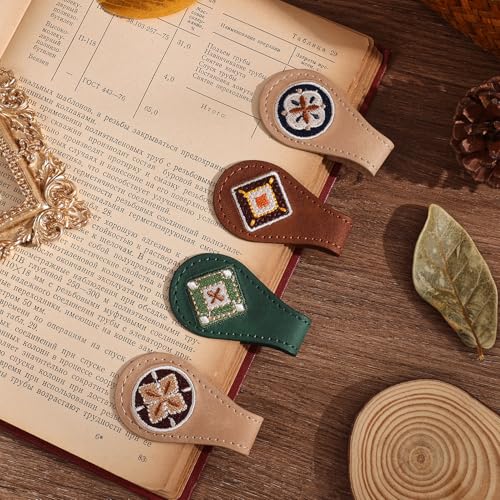 4PCS Vintage Magnetic Leather Bookmark, Leather Magnetic Bookmarks for Women, Magnetic PU Bookmarks Clip Book Accessories, Embroidery Pattern - style: Mixing Colors