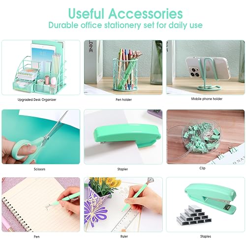 KAAKOW Green Desk Organizers and Accessories Office Supplies Set Stapler, Pen Holder, Phone Holder, Scissors, Pen, Ruler, 30 Paper Clips, 22 Binder Clip, 20 Tacks and 1000pcs Staples - color: Green