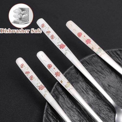 4PCS Korean Forks and Spoons Set, Korean Utensil Set with Long Handles Salad Forks and Soup Spoons Stainless Steel Silverware sets for Coffee, Desserts Dishwasher Safe