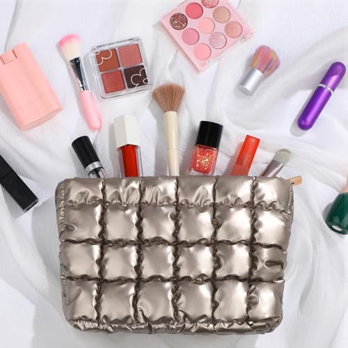 Hillban Champaign Gold Puffy Quilted Makeup Bag for Women Gift, Classic - color: Champaign Gold, size: Classic