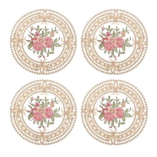 Fabric Coasters, 4pcs 4.7" - Polyester Crochet Coasters, Round Lace Embroidery Cup Mat with Floral Pattern for Wedding Party Decoration (Camel)