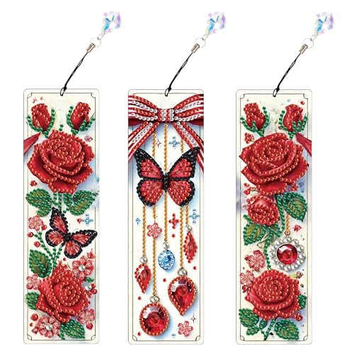 Tontut 3pcs Diamond Art Painting Kit Bookmarks, Butterfly Rose Flower Exquisite General DIY Bookmarks, Lightweight and Durable, Suitable for Reading Lovers - color: Rose