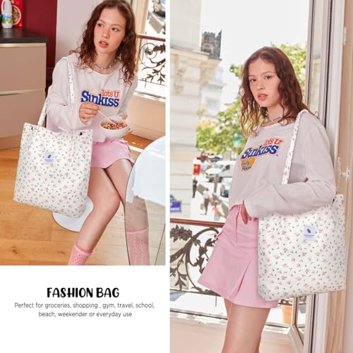 Ayieyill Corduroy Tote Bag for Women Canvas Shoulder Cord Purse with Inner Pocket - color: Beige/Pink Floral