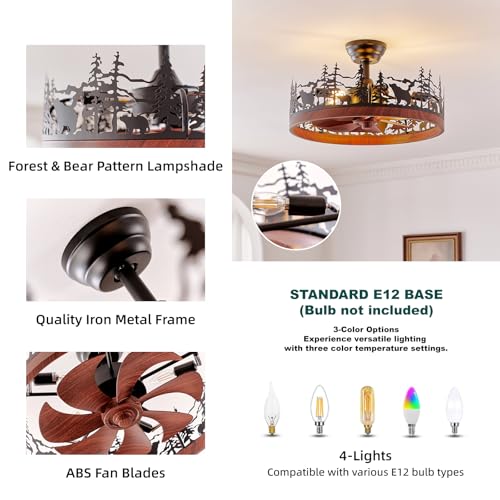 21 Inch Flush Mount Farmhouse Ceiling Fan with Light and Remote, Rustic Walnut Wood Grain Bladeless Fandelier Chandeliers Fan, Forest Ceiling Fan for Living Room, Bedroom - color: Black & Walnut Wood Grain