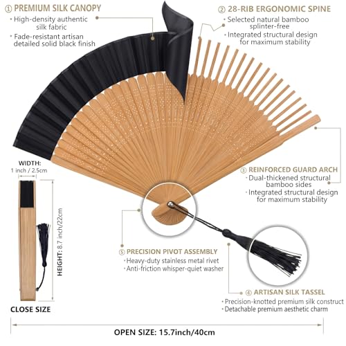 Japanese Folding Hand Fan for Women - Bamboo Silk Handheld Foldable Fan with Tassel & Pouch for Hot Flashes, Rave, Church, Gift,Wedding - Whisper-Quiet, Purse Size (Bamboo Black) - color: Bamboo Black