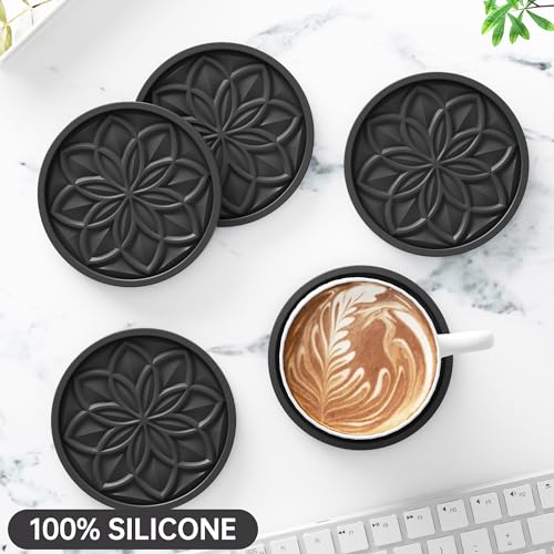Drink Coasters Set of 6 Packs with Holder, HFHOME Round Black BPA Free Silicone with Non-Slip Bottom Fits Any Size Cup Mug or Glasses (Black) - color: Black