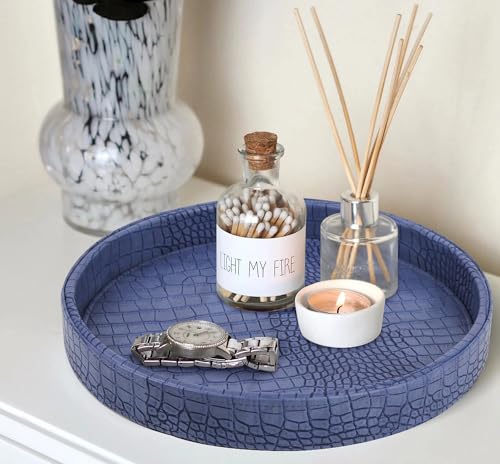 HofferRuffer Faux Leather Round Serving Tray, Vegan Croco Leather Decorative Tray, Food Tray for Storage Drinks, Snack & Cosmetics, Dia.12'' x 1.6'' (Blue) - color: Blue, size: 12"