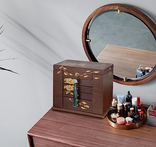 Wooden Jewelry Box for Women, 5-Layer Large Lock with Drawers - color: Brown（L）